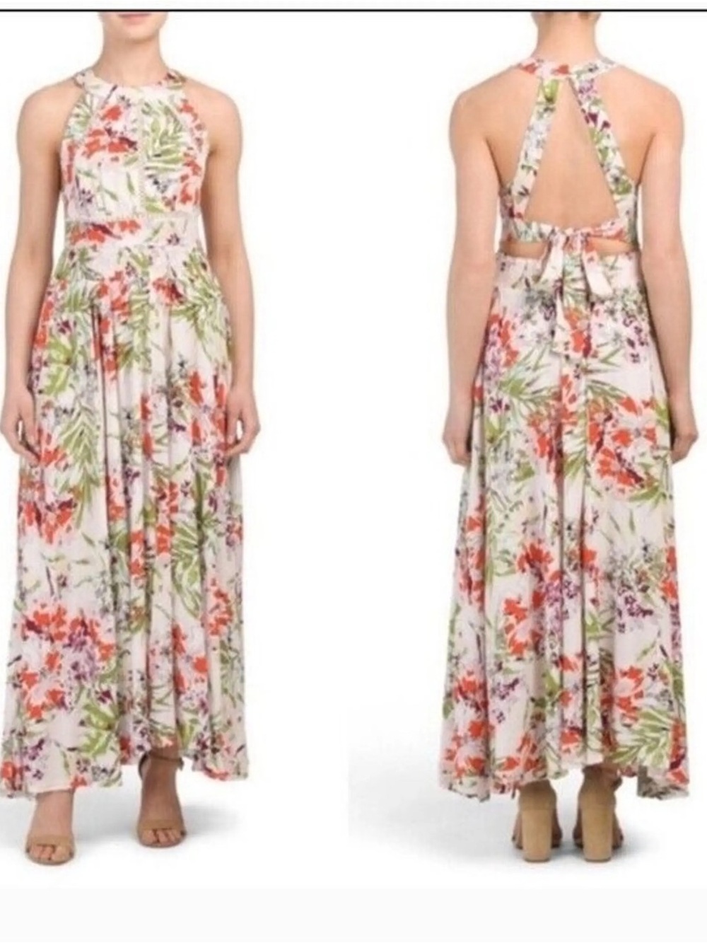 ATL Floral Halter Maxi Dress in Cream and Coral